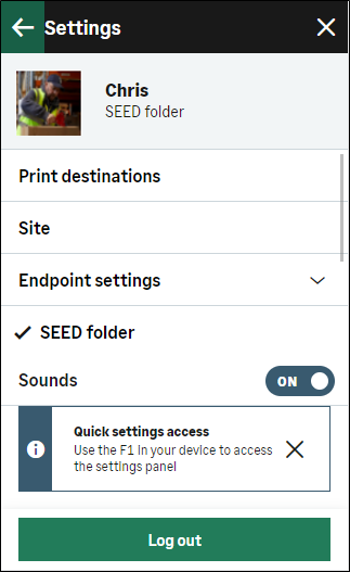 The Settings panel which displays your name and your picture from Sage X3, and the links you can select to set up your handheld device.